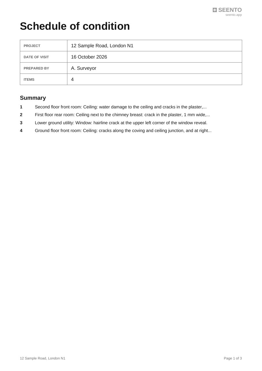 Page 1: the report title, project address, date, who prepared it, and a numbered summary of the four items.