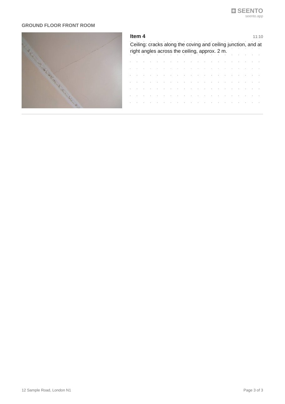 Page 3: item 4 under Ground floor front room, cracks along the coving and across the ceiling.