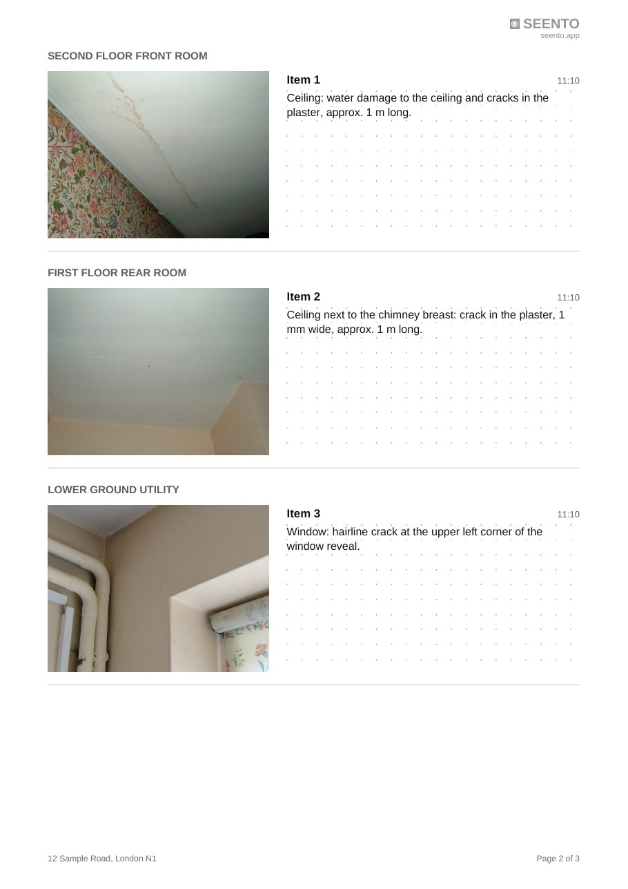 A page of a Seento schedule of condition: three items under Second floor front room, First floor rear room and Lower ground utility, each numbered, with a photo, the time it was taken and a description such as a crack in the ceiling plaster 1 mm wide and approximately 1 m long.