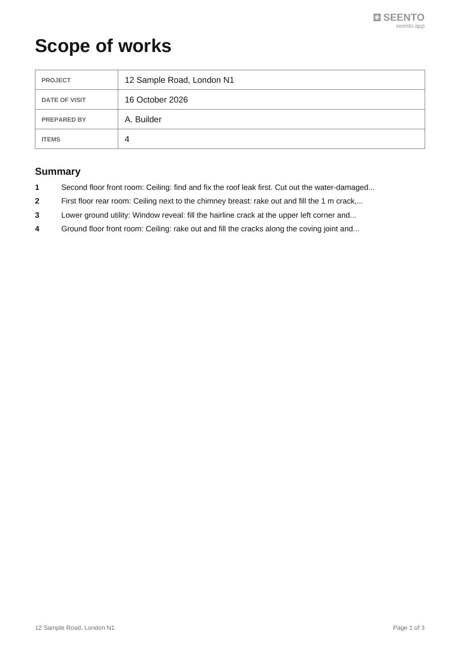 The first page of a Seento scope of works: the address, date, who prepared it, and a numbered summary of the four items of work.