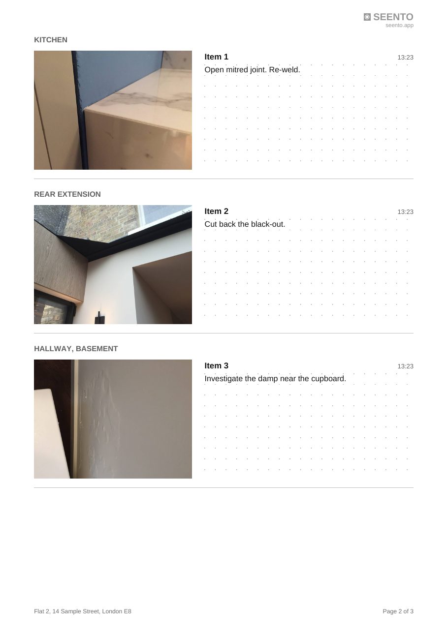 A page of a Seento snagging list: items 1 to 3 under Kitchen, Rear extension and Hallway, basement, each with a photo of the snag and what needs doing, such as an open mitred joint to be re-welded.